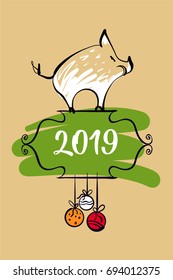 Vector element of design logo, logotype, greeting card, poster, postcard, calendar and invitation with pig 2019. Silhouette boar, pig with text on chinese language mean happy new year and earth boar.