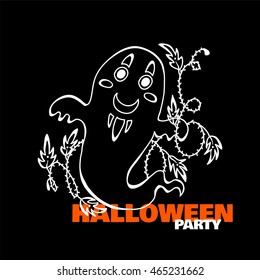 Vector element for design. Lovely smiling ghost on wave ivy branch, barb and leaves. Halloween card in doodle or sketch style, white line on black background. Chalkboard 6 from 12