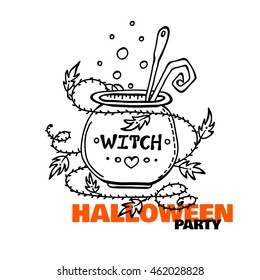 Vector element for design. Lovely witch cauldron with magic potion, bubbles, wave ivy branch, barb and leaves. Halloween card in doodle or sketch style, black line. Coloring book page 2 from 12