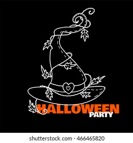 Vector element for design. Lovely witches hat on wave ivy branch, barb and leaves. Halloween card in doodle or sketch style, white line on black background. Chalkboard 7 from 12