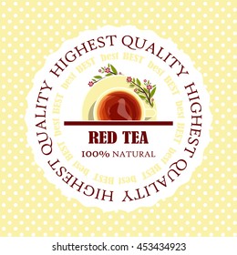 Vector element for design. Red tea label, sticker, logo or paper tag on yellow polka dot background, good for packages or box. Lay flat illustration cup of tea, round icon 4 from 6