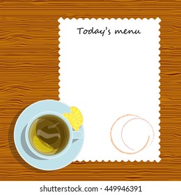 Vector element for design. Rustic style menu for cafe, tea home or restaurant, cup of tea with tablecloth on wooden background. Lay Flat style, cup of green tea with slice of lemon on plate, 2 from 6