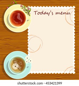 Vector element for design. Rustic style menu for cafe, tea home or restaurant, two cups of oolong, black tea with tablecloth on wooden background. Lay Flat style, space for Your text included