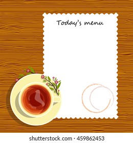 Vector element for design. Rustic style menu for cafe, tea home or restaurant, cup of tea with tablecloth on wooden background. Lay Flat style, beautiful cup of red tea with flower on plate, 4 from 6