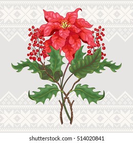 Vector element for design. Scandinavian ornament on seamless background. Christmas star and holly branches. Christmas collection. 