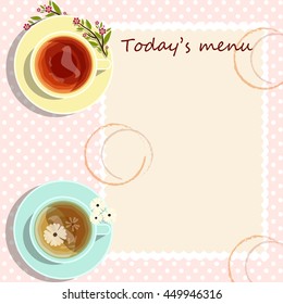 Vector element for design. Shabby style menu for cafe, tea home or restaurant, two cups of oolong, black tea with tablecloth, tender colors. Lay Flat style, space for Your text included
