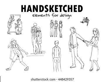 Vector element for design. Simple hand drawn sketches pictures. Set of different kind of people. Outline silhouette boys and girls, couple. Black line isolated on white. 1/2