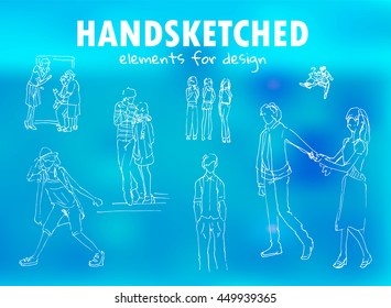 Vector element for design. Simple hand drawn sketches pictures. Set of different kind of people. Outline silhouette boys and girls, couple. White color on photo background. 1/2