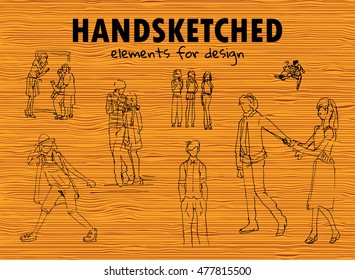 Vector element for design. Simple hand drawn sketches pictures. Set of different kind of people. Outline silhouette boys and girls, couple. Black ink color on wooden background. 1/2