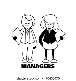 Vector element for design. Simple line art flat pair of people, smiling Boy and Girl, manager and accountant. Object for presentations or cards. Childish coloring book page, profession theme