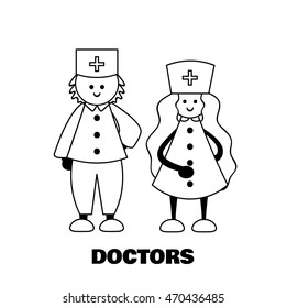 Vector element for design. Simple line art flat pair of people, smiling Boy and Girl, medical doctor and nurse. Object for presentations or cards. Childish coloring book page, profession theme