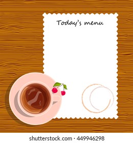 Vector element for design. Sweet, rustic style menu for cafe, tea home or restaurant, cup of tea with tablecloth on wooden background. Lay Flat style, cup of black tea with cherry on plate, 1 from 6