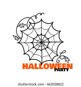 Vector element for design. Sweet spiderweb on wave ivy branch, barb and leaves. Halloween card in doodle or sketch style, black line on white background. Coloring book page 8 from 12
