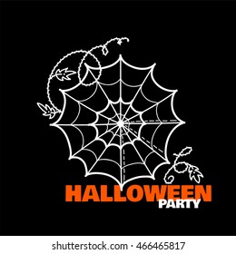 Vector element for design. Sweet spiderweb on wave ivy branch, barb and leaves. Halloween card in doodle or sketch style, white line on black background. Chalkboard 8 from 12