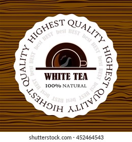 Vector element for design. White tea label, sticker, logo or paper tag on wooden background. Lay flat illustration cup of tea, round icon. Dark color series, 3 from 6