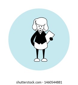 Vector element for design. Woman with folder on blue circle. Profession accountant. Simple line art, flat style. Black, blue and white colors 