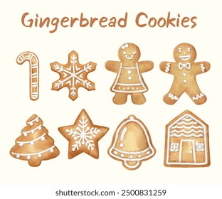 Vector element designer collection chrismas set of isolated gingerbread cookies, mistletoe are hand-painted in watercolor style.