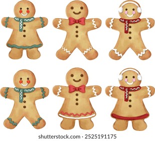 Vector element designer collection chrismas set of isolated gingerbread cookies, mistletoe are hand-painted in watercolor style.