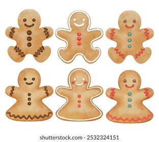 Vector element designer collection christmas set of isolated gingerbread cookies, mistletoe are hand-painted in watercolor style.