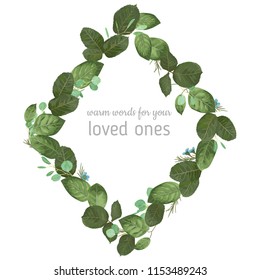 Vector element of diamond frame of rose leaves, eucalyptus branches and wax flowers isolated on white background. Watercolor cute
