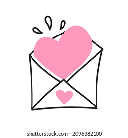 Vector element envelope for Valentines Day. Hand-drawn love symbols in a linear style. Isolated on a white