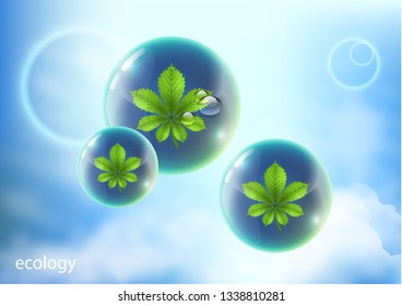 Vector element for environmental design. Water drops in the shape of a shiny ball with a bright green chestnut leaf against the blue sky - Vector Graphic
