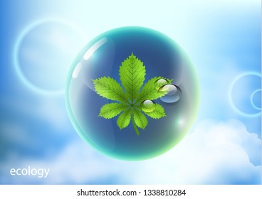 Vector element for environmental design. Water drops in the shape of a shiny ball with a bright green chestnut leaf against the blue sky - Vector Graphic