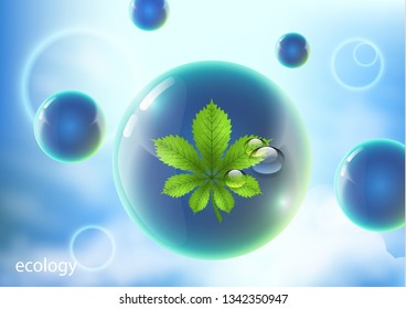 Vector element for environmental design. Water drops in the shape of a shiny ball with a bright green chestnut leaf against the blue sky - Vector Graphic
