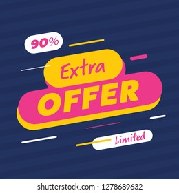 Vector element of extra offer banner showing limited sales up to 90 % on blue background