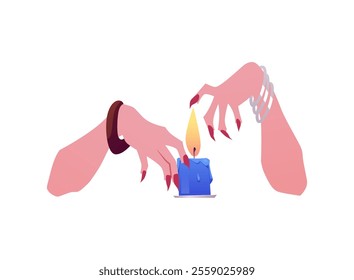 Vector element with female hands over a burning candle for fortune telling. An illustration of a woman with long manicured nails and supernatural abilities.