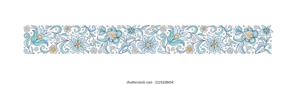 Vector element, frame, border, frieze, arabesque for design template. Luxury ornament in Eastern style. Blue floral illustration. Ornamental decor for invitation, greeting card, ornaments background.