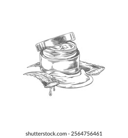 Vector element with a glass jar and lid with gel from the aloe vera plant on a white background with cut leaves of a medicinal plant, in the style of a sketch