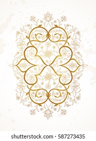 Vector element, gold arabesque for design template. Luxury ornament in Eastern style. Golden floral illustration. Ornate decor for invitation, greeting card, wallpaper, background, web page.