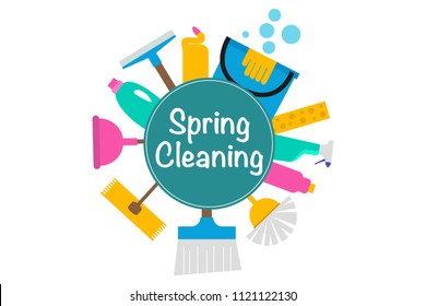 Vector element of graphic logo with colorful washing soap supplies for spring cleaning isolated on white. Cleaning washing cleansing seasonal services products kit company concept. Eps illustration.