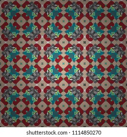 Vector element for graphical design. Abstract seamless modern pattern with regularly repeating geometrical grid with rhombuses, strips, rectangles in gray, yellow and red colors.