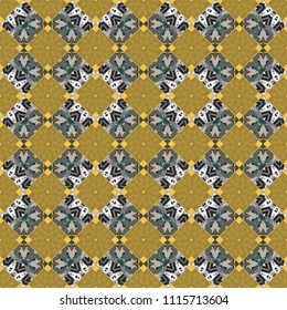 Vector element for graphical design. Abstract seamless modern pattern with regularly repeating geometrical grid with rhombuses, strips, rectangles in gray, yellow and beige colors.