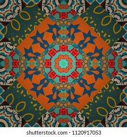 Vector element for graphical design. Abstract seamless modern pattern with regularly repeating geometrical grid with rhombuses, strips, rectangles in blue, green and orange colors.