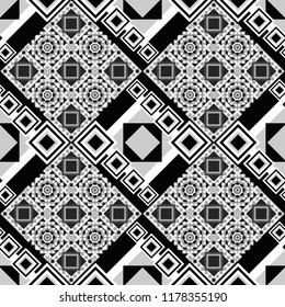 Vector element for graphical design. Abstract seamless modern pattern with regularly repeating geometrical grid with rhombuses, strips, rectangles in gray, black and white colors.