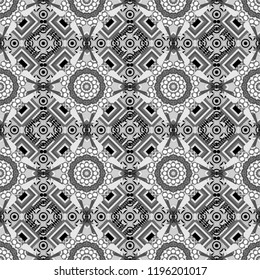Vector element for graphical design. Abstract seamless modern pattern with regularly repeating geometrical grid with rhombuses, strips, rectangles in gray, black and white colors.