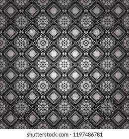 Vector element for graphical design. Abstract seamless modern pattern with regularly repeating geometrical grid with rhombuses, strips, rectangles in black, white and gray colors.