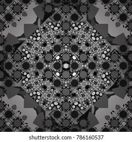 Vector element for graphical design. Abstract seamless modern pattern with regularly repeating geometrical grid with rhombuses, strips, rectangles in gray, black and white colors.