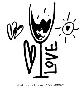 Vector element for greeting cards in vintage style. A glass of wine with the word love. The sun and hearts also decorate the background. Vector stock image on the theme of love and relationships.