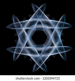 Vector element. Guilloche rich crystal in blue colors on a black background.