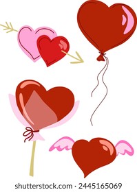 Vector element hand drawn flat cartoon style. Love heart shaped balloons, candy, hearts, valentine's day