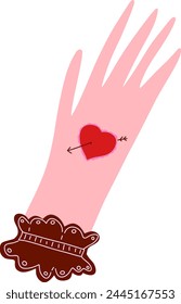 Vector element hand drawn flat cartoon style. Hand with heart tattoo with arrow, valentine's day