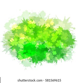 Vector element with a happy four-leaf clover, sparks and watercolor splashes. St.Patrick's Day. Festive element for your design