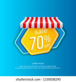 Vector element of hexagon sticker in golden and blue design with striped roof showing promotion of 70% off sales