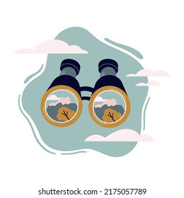 Vector element. Hiking camping, travel illustration. Composition with binoculars with landscape