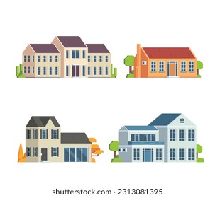 Colección de edificios de viviendas con elementos vectores. de la casa. Concepto de diseño plano para la ilustración de la ciudad. Suburbano