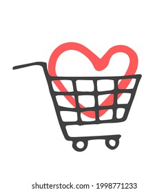 the vector element is the icon of a grocery basket with a heart in it. a grocery cart with a gray line with a red heart inside drawn in the doodle style. a hand-drawn doodle-style grocery store basket